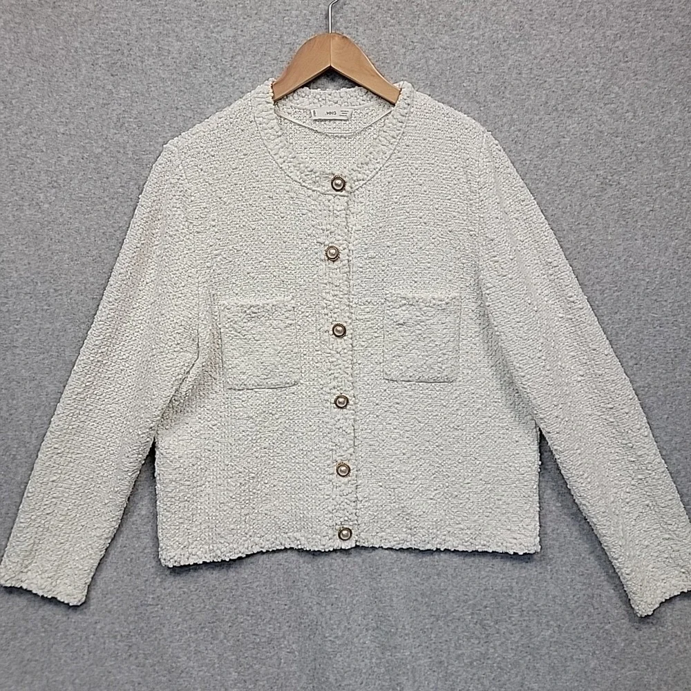 MANGO Womens XL Boucle Texture Knit Jewel Button‎ Cardigan Lady Sweater White